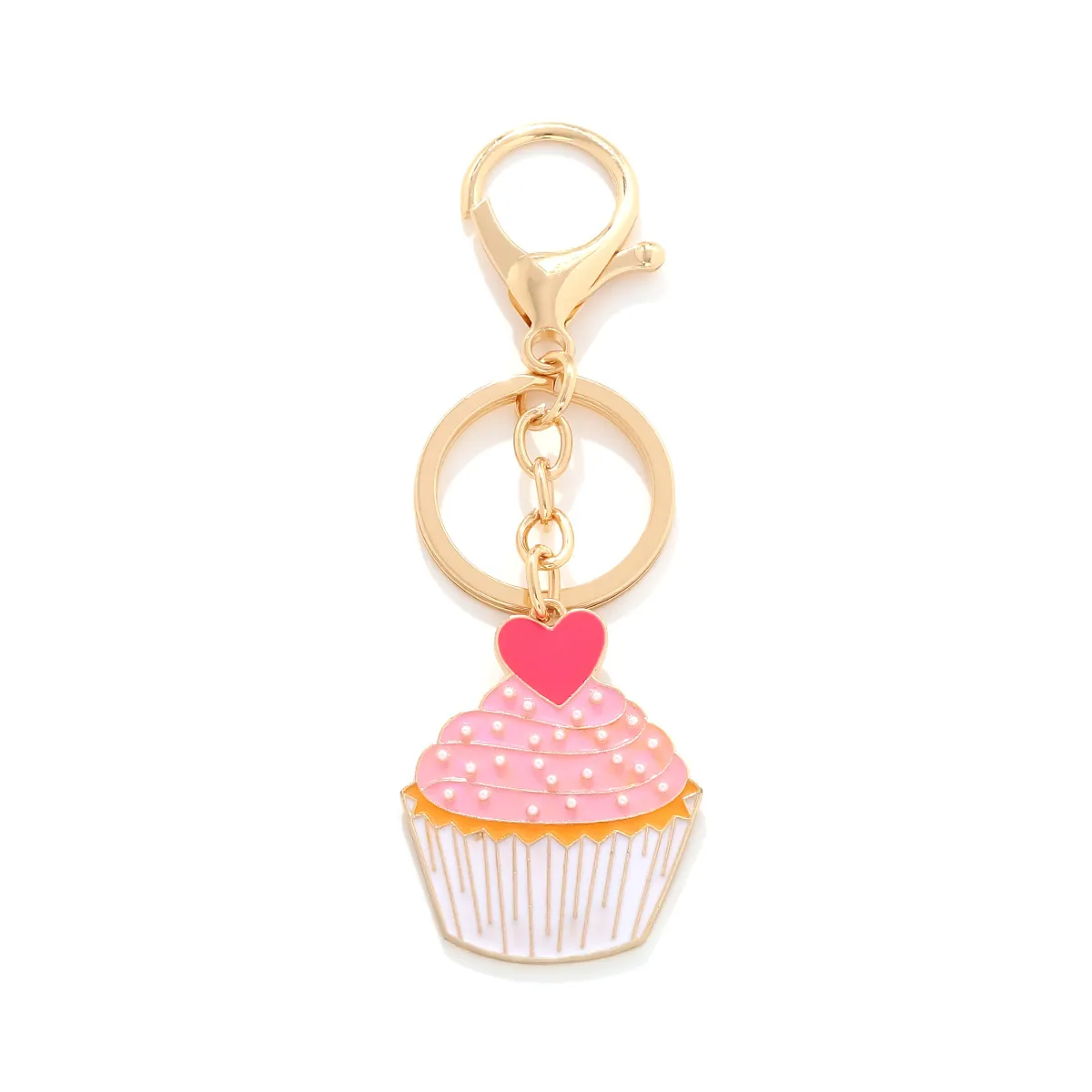 Cupcake Enamel Keychain Alloy Pink Sweet Dessert Bag Pendant With Red Heart And Faux Artificial Pearl Girly Gift