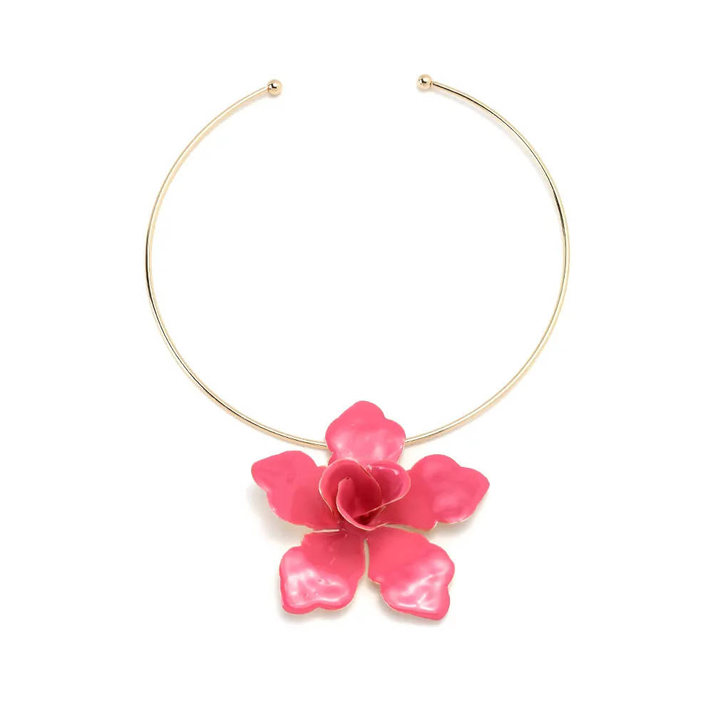 Large Pink Enamel Flower Pendant Choker Necklace Alloy Stereoscopic Floral Statement Jewelry For Women