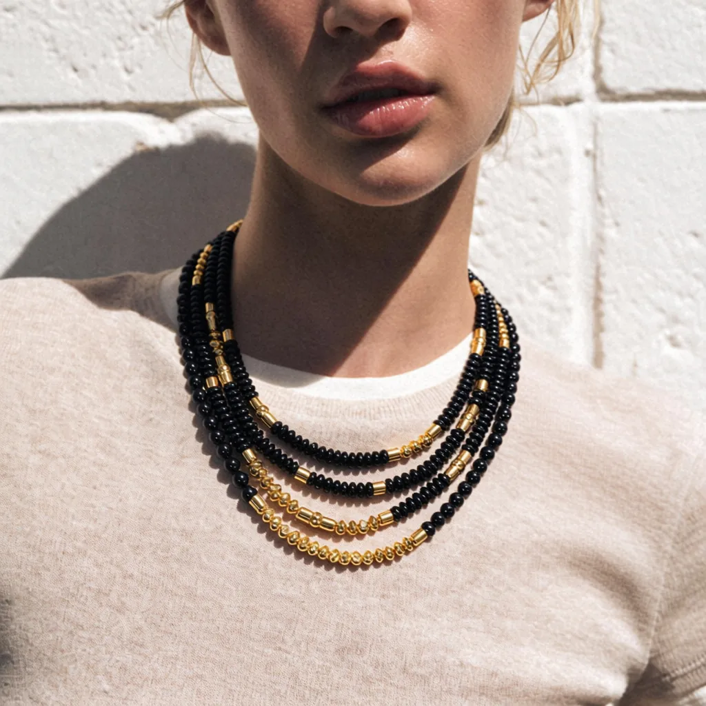 Multilayer Beaded Statement Necklace With Resin Beads And Alloy Metallic Parts Waterfall Layered Fashion Jewelry For Women