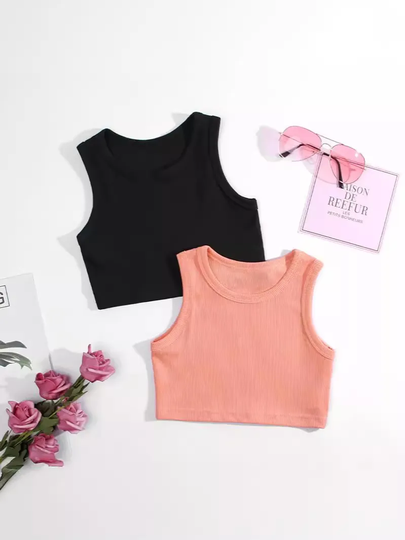 Toddler Girls Ribbed Tank Top Cotton Sleeveless Crop Vest Round Neck Solid Color Summer Fashion Slim Fit
