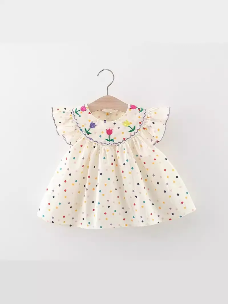 Baby Girls Summer Cotton Dress Colorful Polka Dot Tulip Embroidery Ruffle Sleeves Peter Pan Collar Toddler Princess