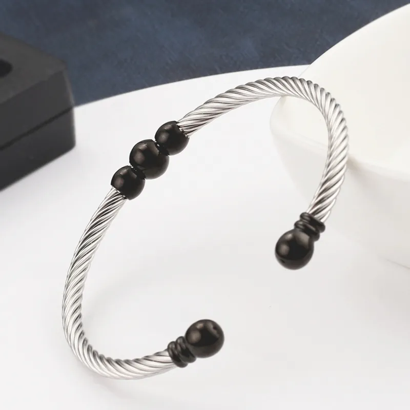 Twisted Cable Cuff Bracelet Stainless Steel Black Beads Adjustable Open Minimalist Industrial Style Unisex