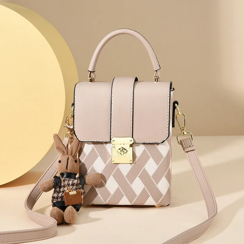 Sac à Bandoulière de Mode en Cuir PU pour Téléphone Bloc de Couleur Argyle Petit Sac Carré Avec Pendentif Lapin pour Femme