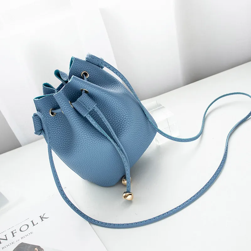 Bucket Bag Women PU Lychee Pattern Leather Drawstring Closure Shoulder Crossbody Purse Minimalist Korean Style