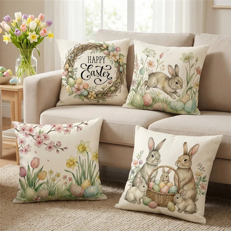 Easter Rabbit Wreath Cushion Cover Polyester Linen Look Pillow Case Happy Easter Eggs Flower For Sofa Home Decoration