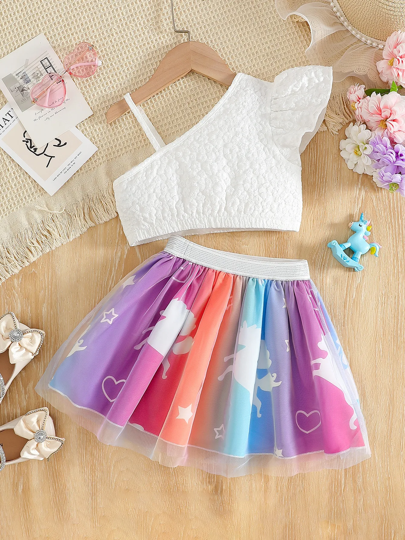 Girls Two Piece Outfit Set Off Shoulder Textured Top And Rainbow Gradient Tulle Skirt With Unicorn Print Summer Fashion