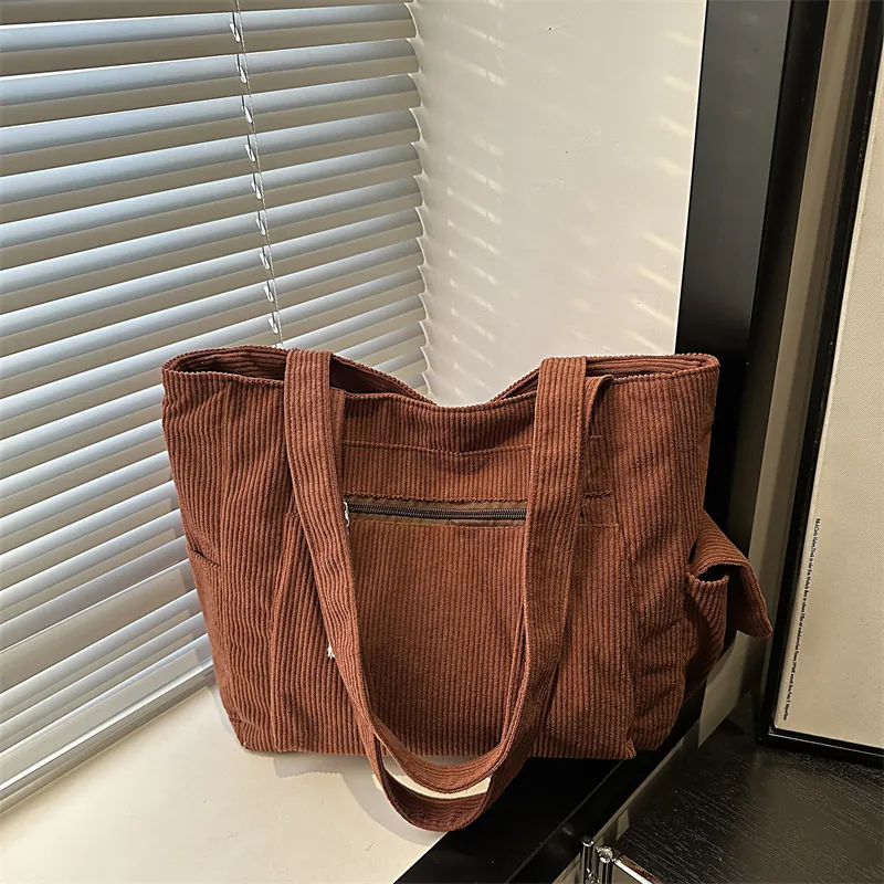 Corduroy Tote Bag Large Capacity Multi Pockets Shoulder Handbag Commuting School Shopping Casual Vintage Style Women