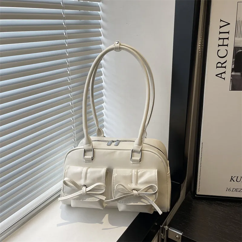 Women Glossy PU Leather Underarm Shoulder Bag Bowknot Decor Front Pockets Retro Balletcore Style
