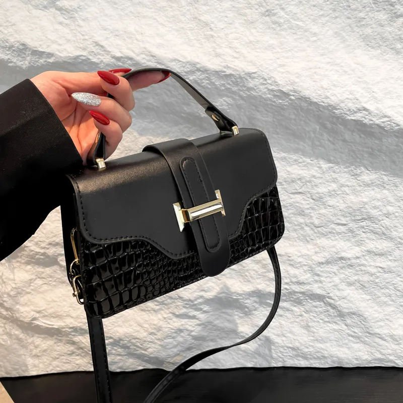 Small Square Crossbody Bag For Women PU Leather Crocodile Pattern Patchwork Top Handle Handbag Adjustable Strap Versatile