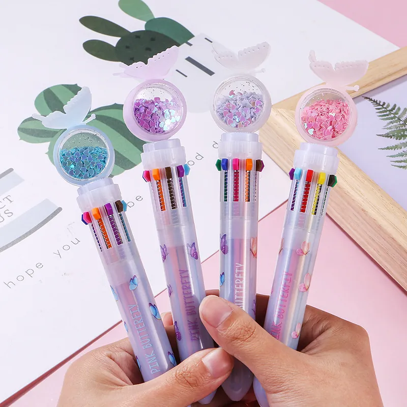 Cartoon Multicolor Retractable Ballpoint Pen Sequin Butterfly Rabbit Cat Topper Ten Colored Ink School Students Stationery