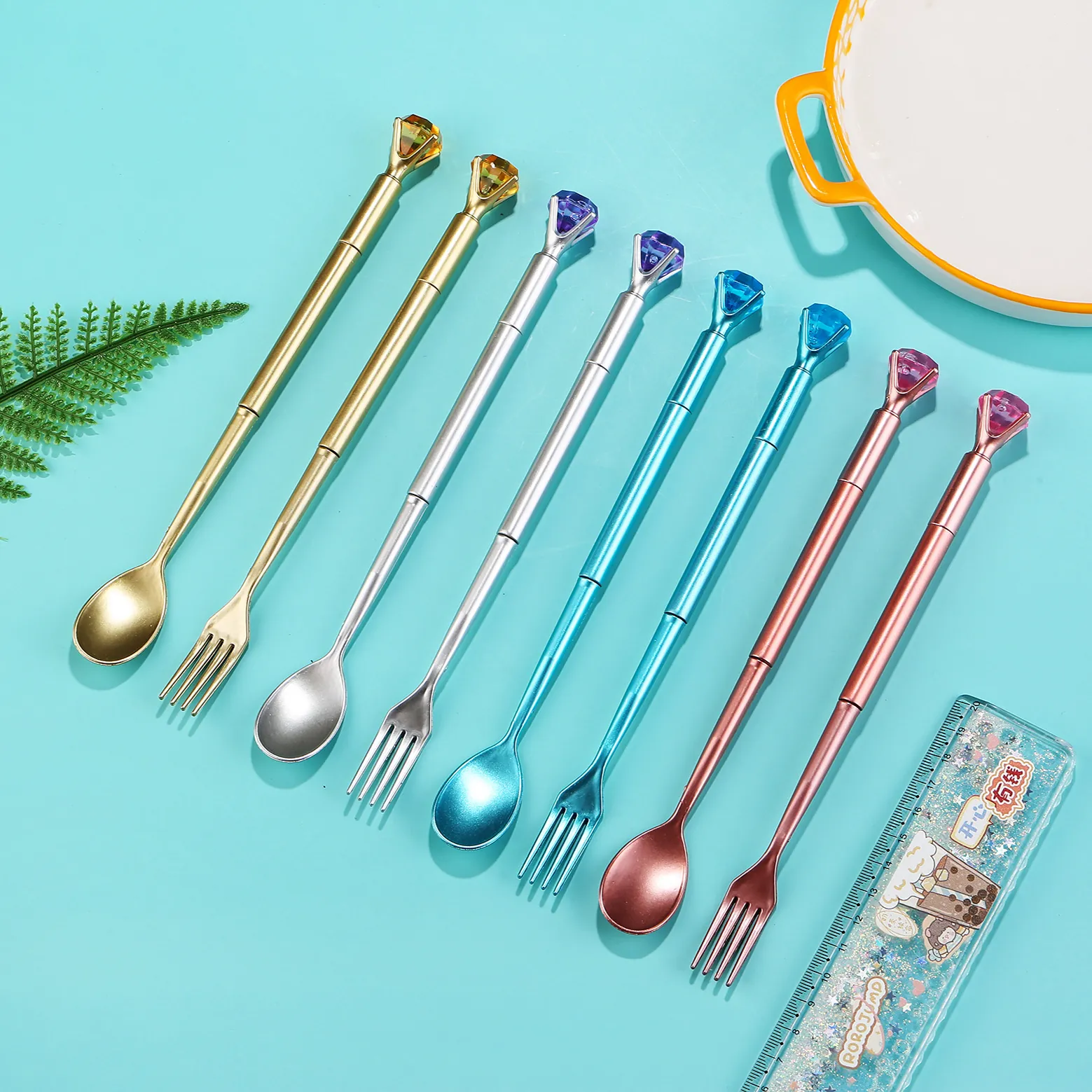 Creative Cutlery Shaped Gel Pen Diamond Crystal Topper Plastic Spoon Fork Style Office Stationery Writing Pen School Gift