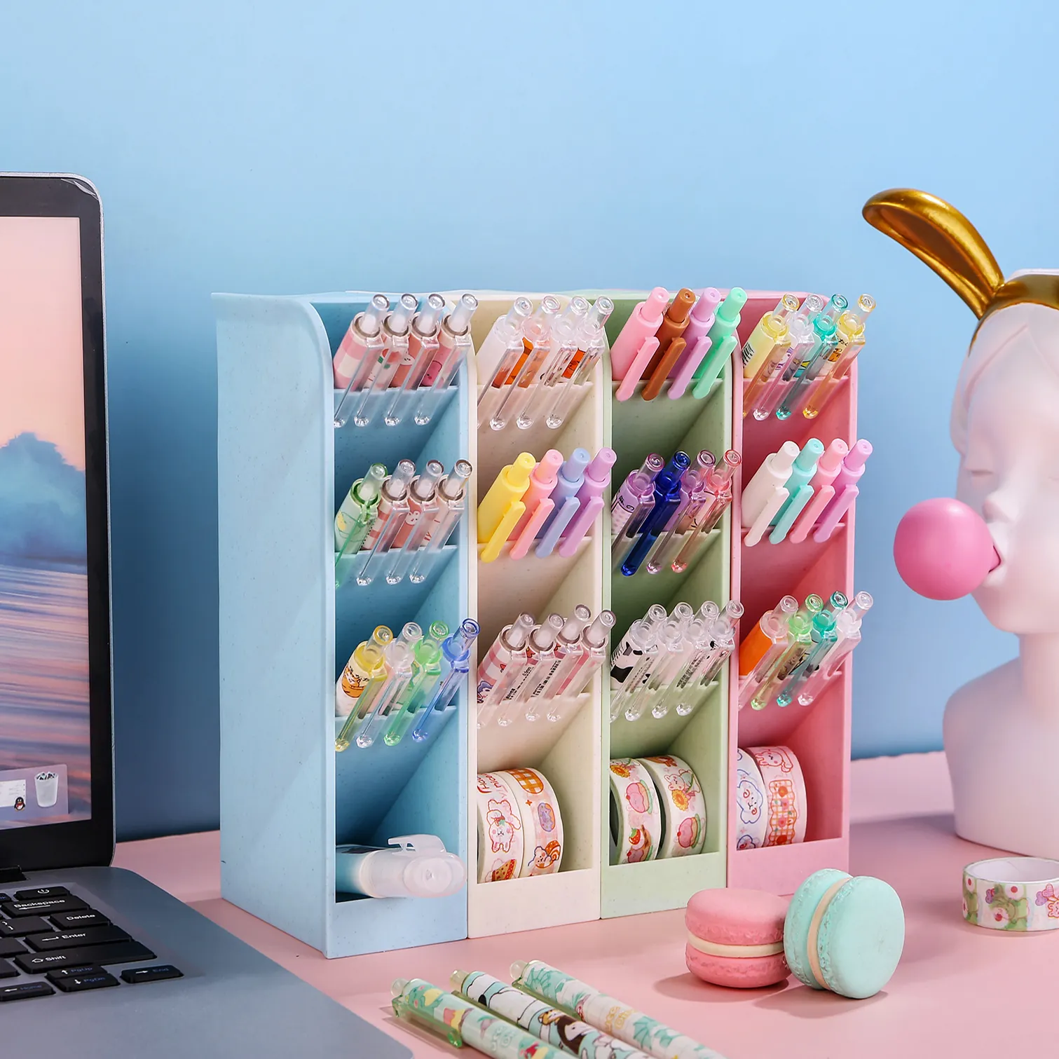 Minimalist Plastic Slanted 4 Grid Desk Organizer Pen Holder Multipurpose Desktop Storage Box For Stationery Makeup Brushes