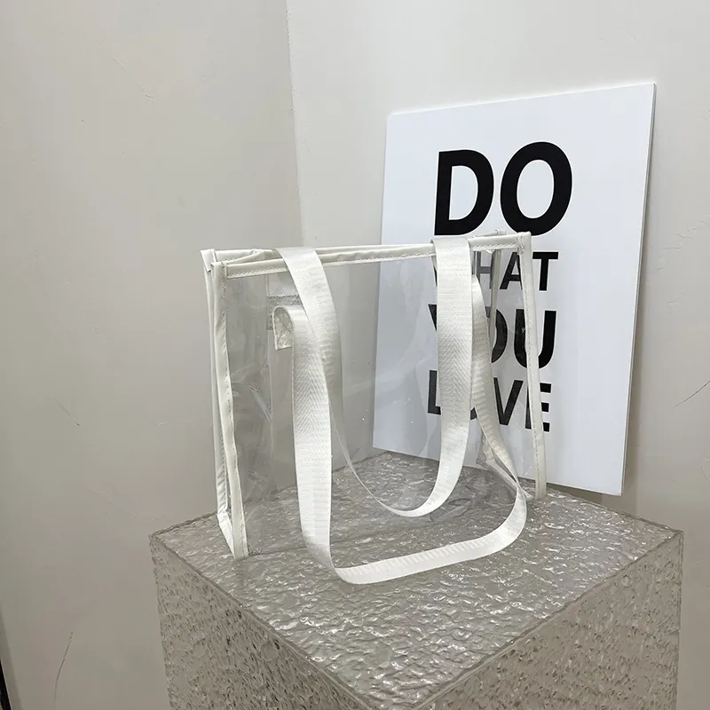 Transparent PVC Tote Bag Large Capacity Waterproof Jelly Shoulder Handbag For Women Travel Beach Casual Minimalist
