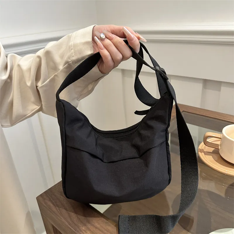 Women Nylon Crescent Crossbody Bag Simple Casual Dumpling Shoulder Bag With Adjustable Wide Strap Solid Color Fabric