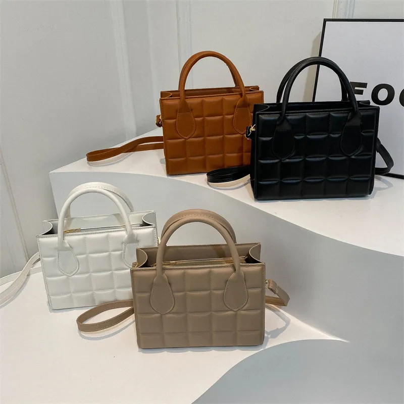 Women Quilted Square PU Leather Handbag Minimalist Solid Color Shoulder Crossbody Bag With Top Handle And Adjustable Strap