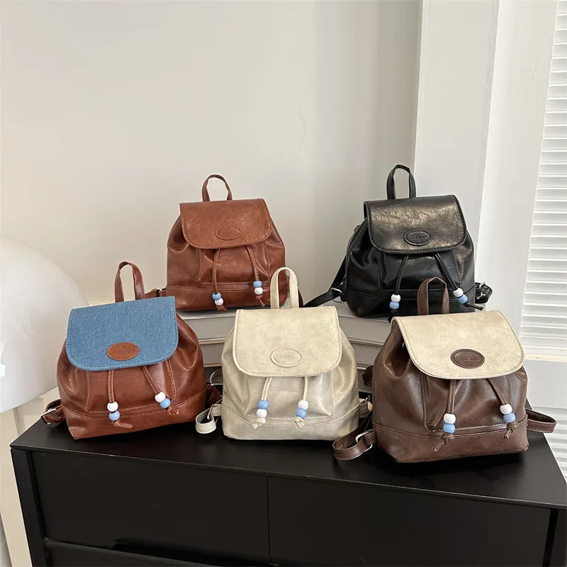 Mini Backpack Women PU Leather Retro Korean Style Drawstring Flap Closure Casual Small Travel Daypack