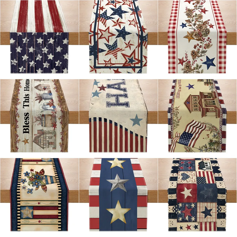 Patriotic Table Runner Stars And Stripes Independence Day July Fourth Decor Polyester Linen Look Vintage Farmhouse Dining