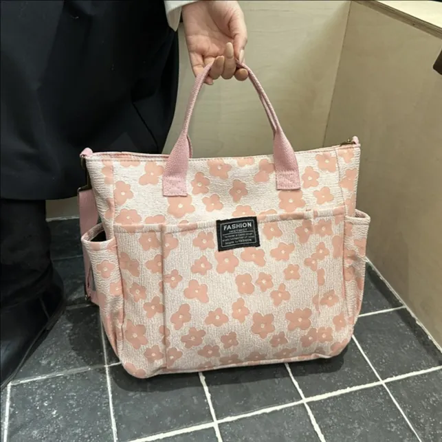 Floral Print Tote Bag Canvas Large Capacity Multi Pocket Shoulder Handbag For Women Casual Versatile Adjustable Strap