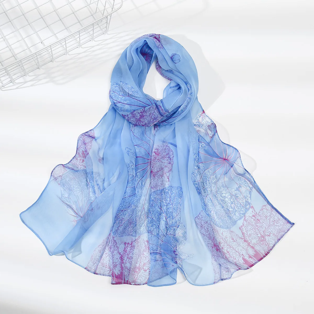 Foulard Georgette con Stampa Floreale da Donna Elegante Sciarpa Lunga Sottile Leggero Foulard in Poliestere Stile Coreano per Primavera Estate
