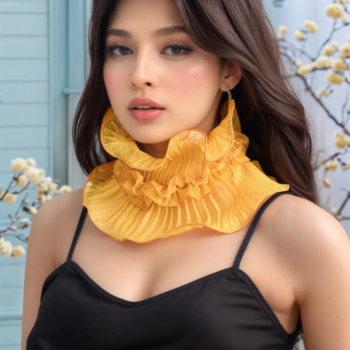 Women Elegant Polyester Pleated Ruffle Neck Scarf Lettuce Edge Decorative Fake Collar Solid Color Crinkled Neck Warmer For Daily Outfit Accessories