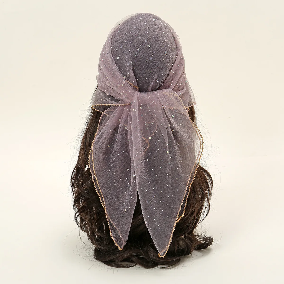Mesh Square Headscarf With Rhinestones And Golden Edge Semi Transparent Bandana Veil For Women Elegant Fashion