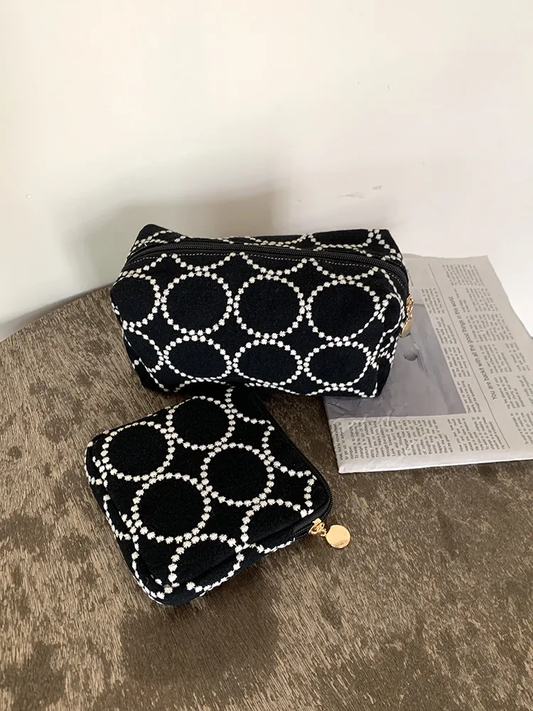 Trousse De Maquillage Brodée Coton Et Lin Grande Capacité Organisateur Maquillage Portable Motif Cercles Rétro Rangement