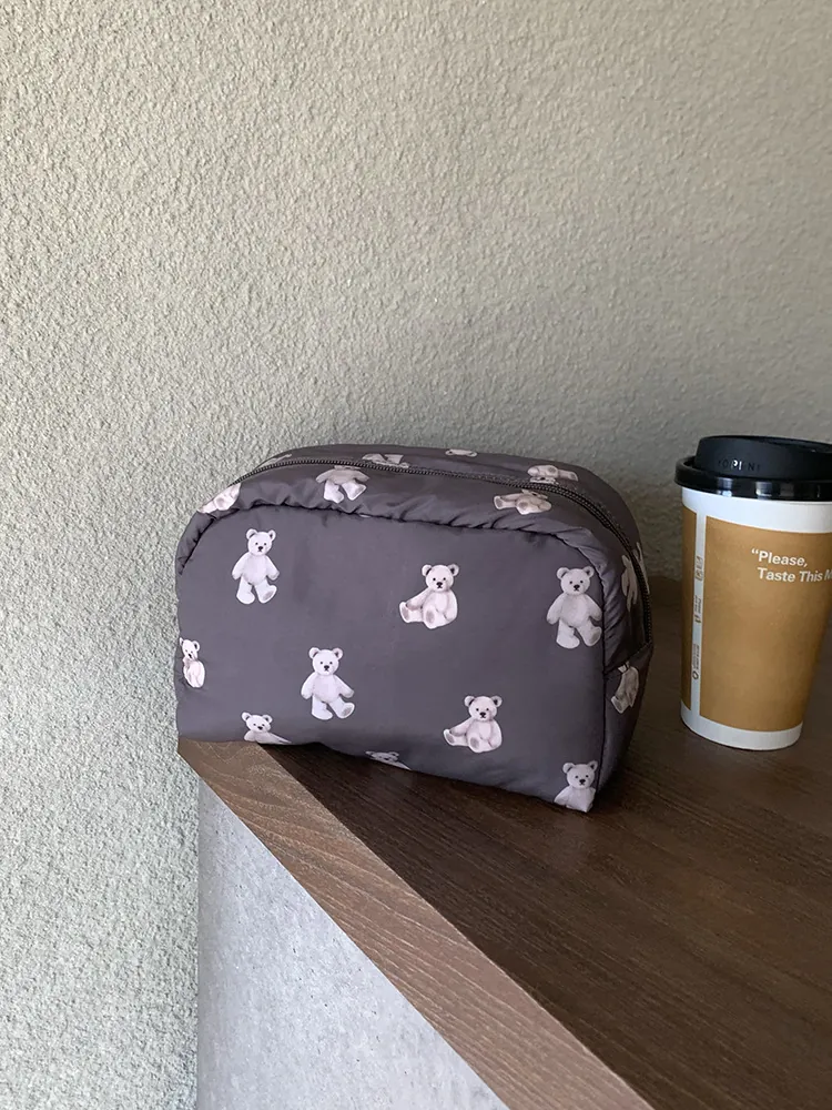 Cute Cartoon Bear Print Cosmetic Bag Large Capacity Portable Polyester Makeup Toiletry Pouch Zipper Closure Lightweight