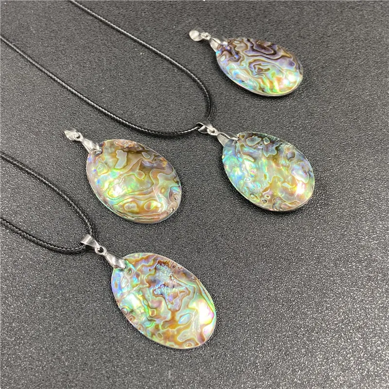 Natural Abalone Shell Pendant Necklace Colorful Rainbow Oval Teardrop Bohemian Jewelry For Men Women
