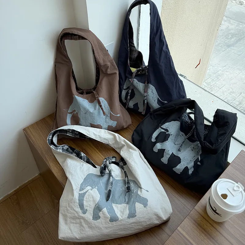 Reversible Tote Bag Women Elephant Print Plaid Pattern Large Capacity Drawstring Shoulder Bag Vintage Canvas Style