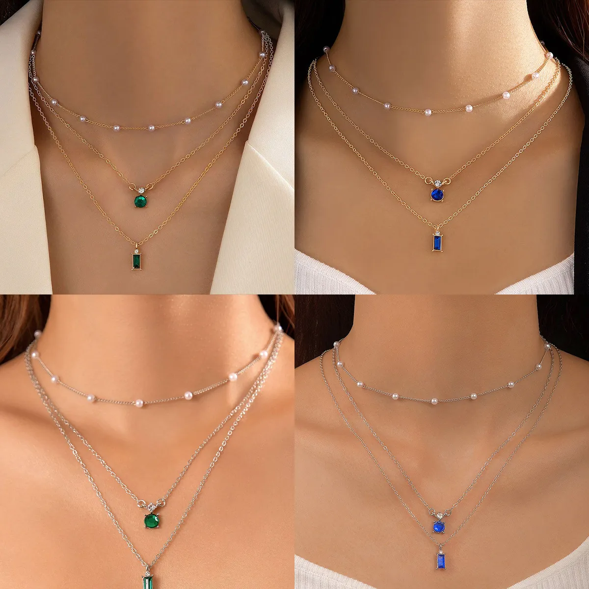 Collier Multi Rangs Alliage Strass Künstliche Perle D'imitation Pendentif Géométrique Style Français Rétro Pour Femmes