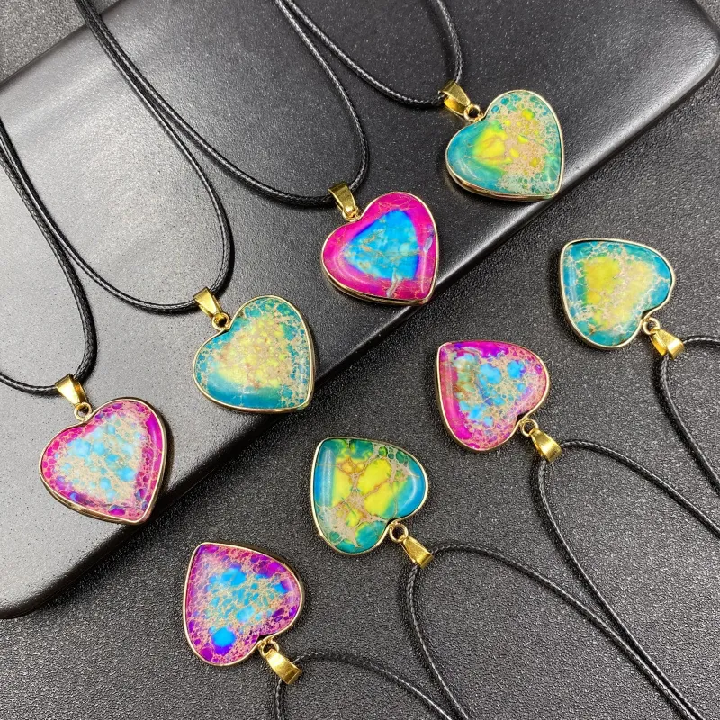 Heart Pendant Necklace Imperial Stone Alloy Gold Plated Wax Cord Retro Bohemian Style Women Jewelry