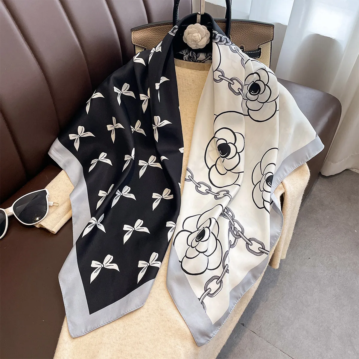 Carré De Satin Élégant Satin Twill Imprimé Fleur Camélia Nœud Motif Chaîne Châle Accessoire Femmes
