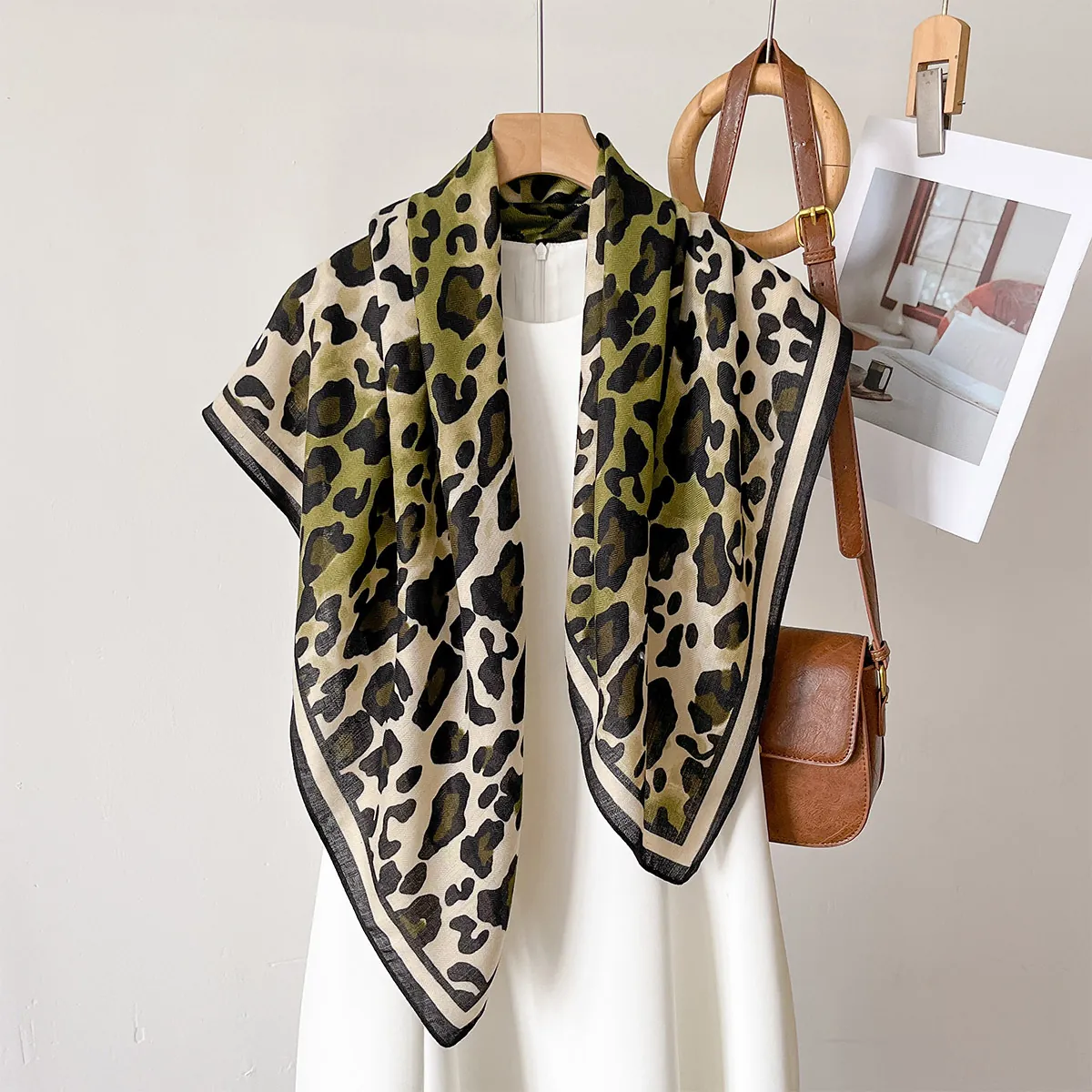 Women Leopard Print Square Scarf Satiny Polyester Shawl Fashion Neck Decor Elegant Animal Pattern Wrap