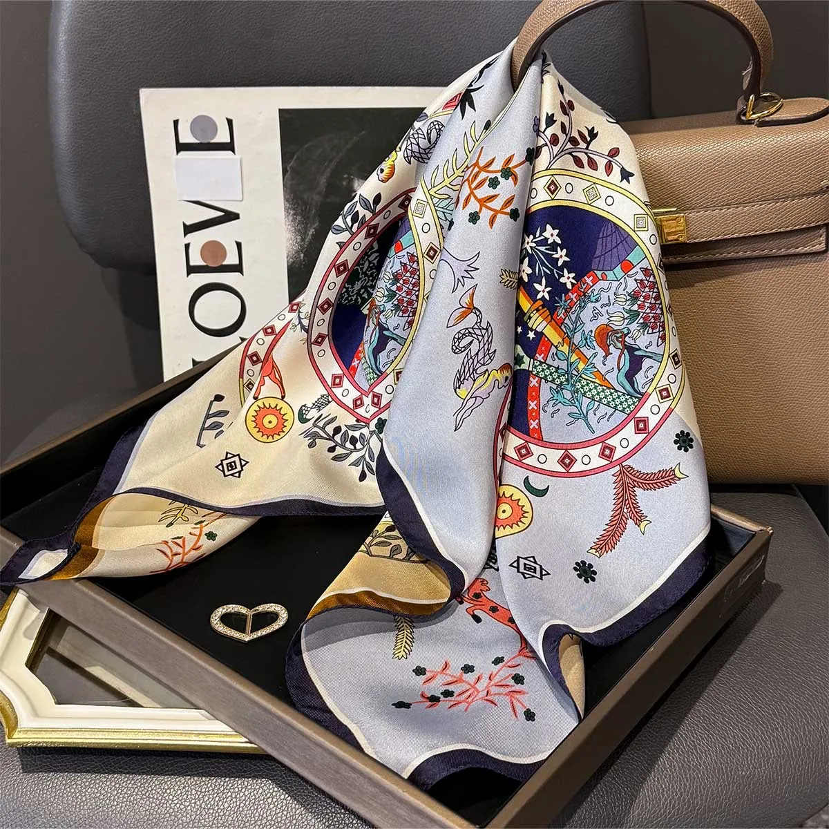 Mulberry Satin Square Scarf Reversible Twill Retro Floral Print Elegant Neck Head Wrap For Women
