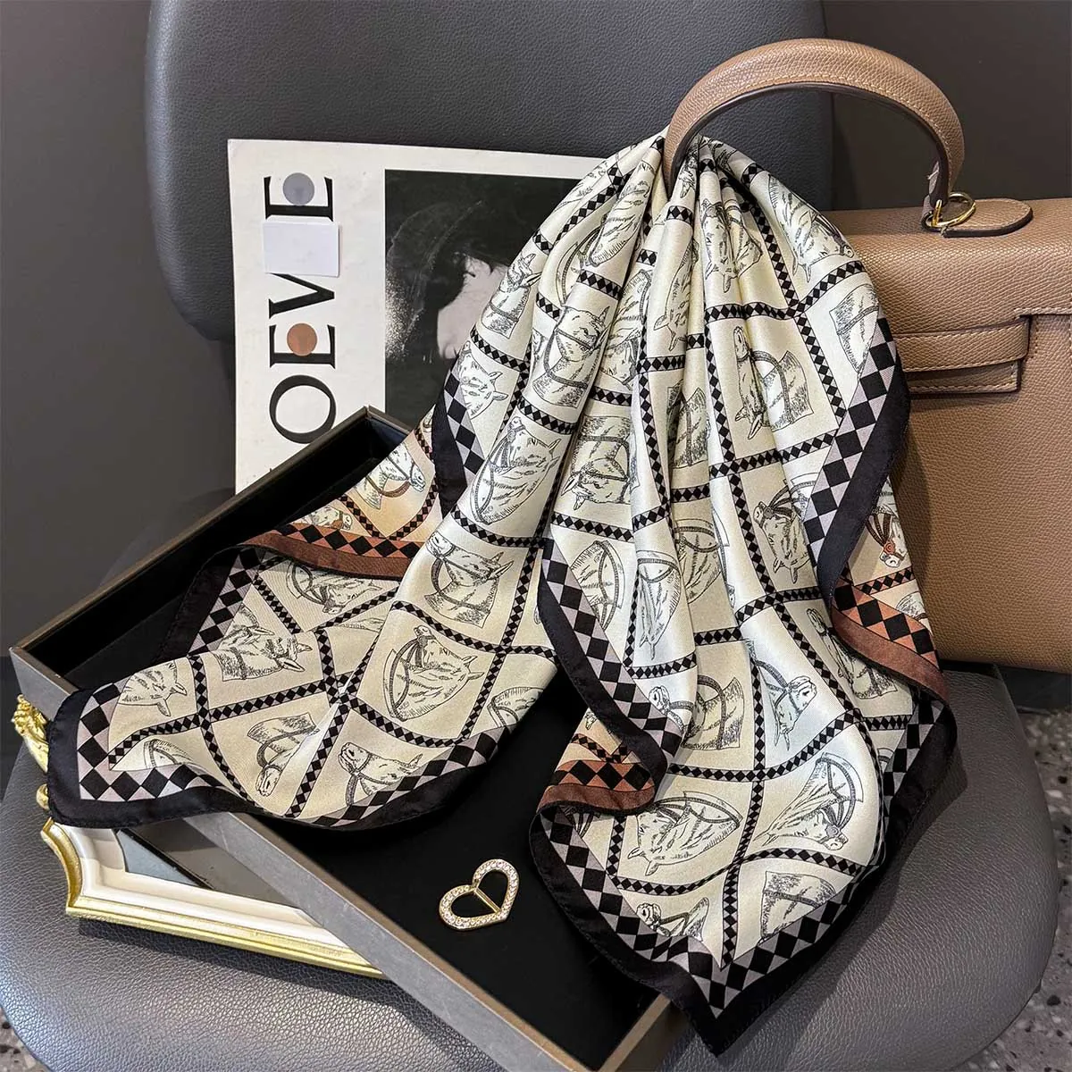 Mulberry Satin Square Scarf Twill Equestrian Horse Print Checkerboard Border Double Sided Elegant Neck Wrap For Women