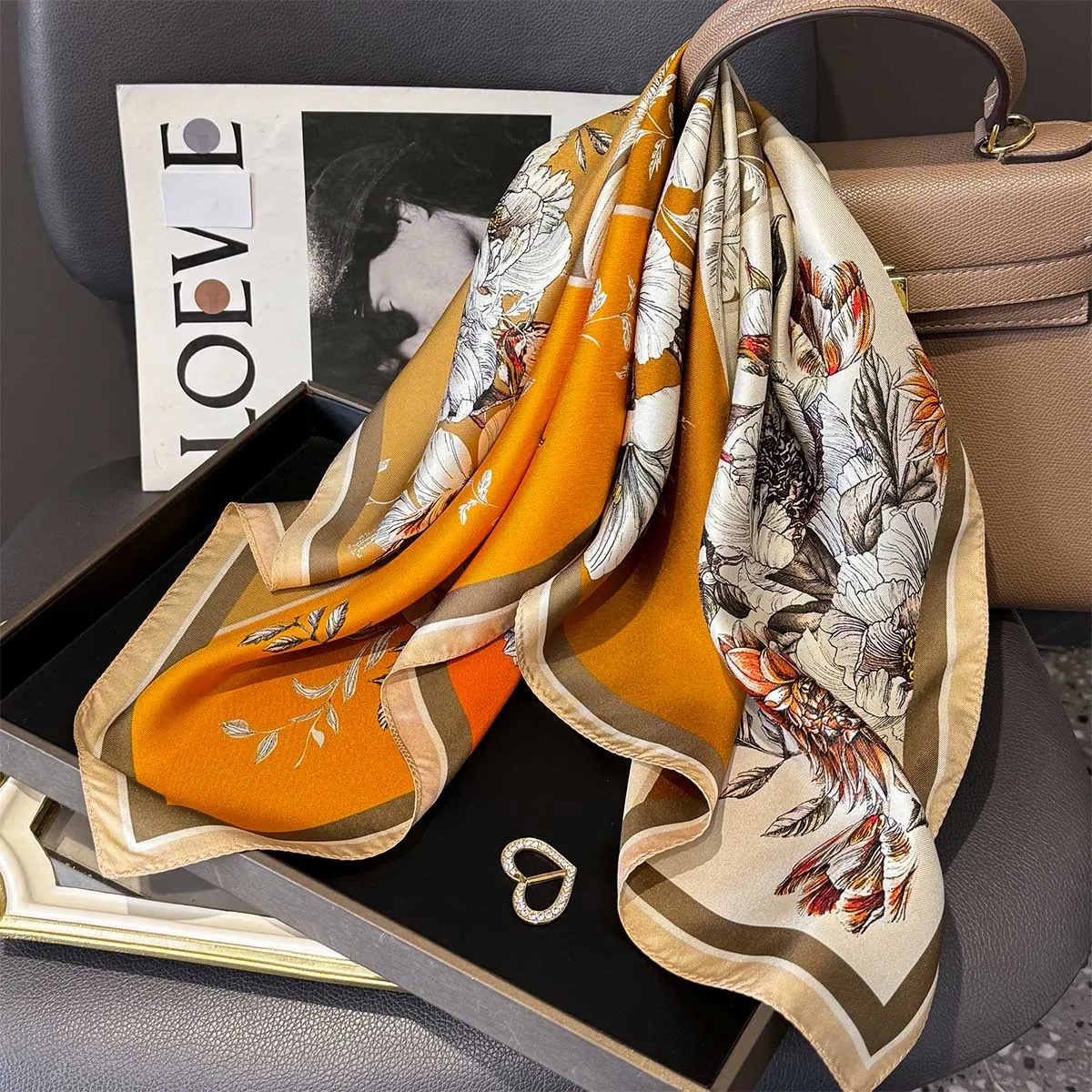Mulberry Satin Square Scarf Twill Elegant Floral Print Geometric Patchwork Neck Wrap For Women