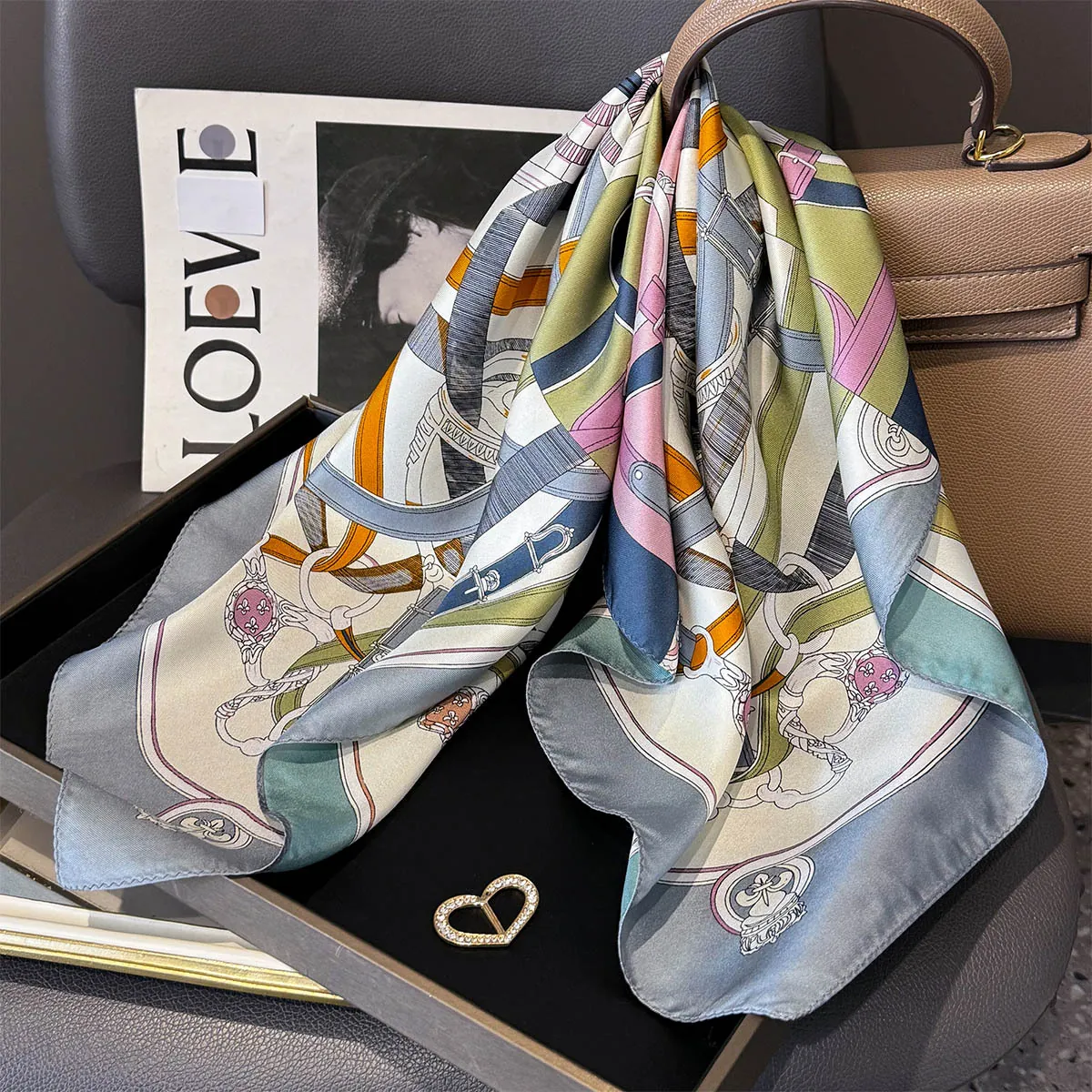 Elegant Square Scarf Mulberry Satin Twill Equestrian Horsebit Chain Print Color Block Neckerchief For Women Soft Fashion