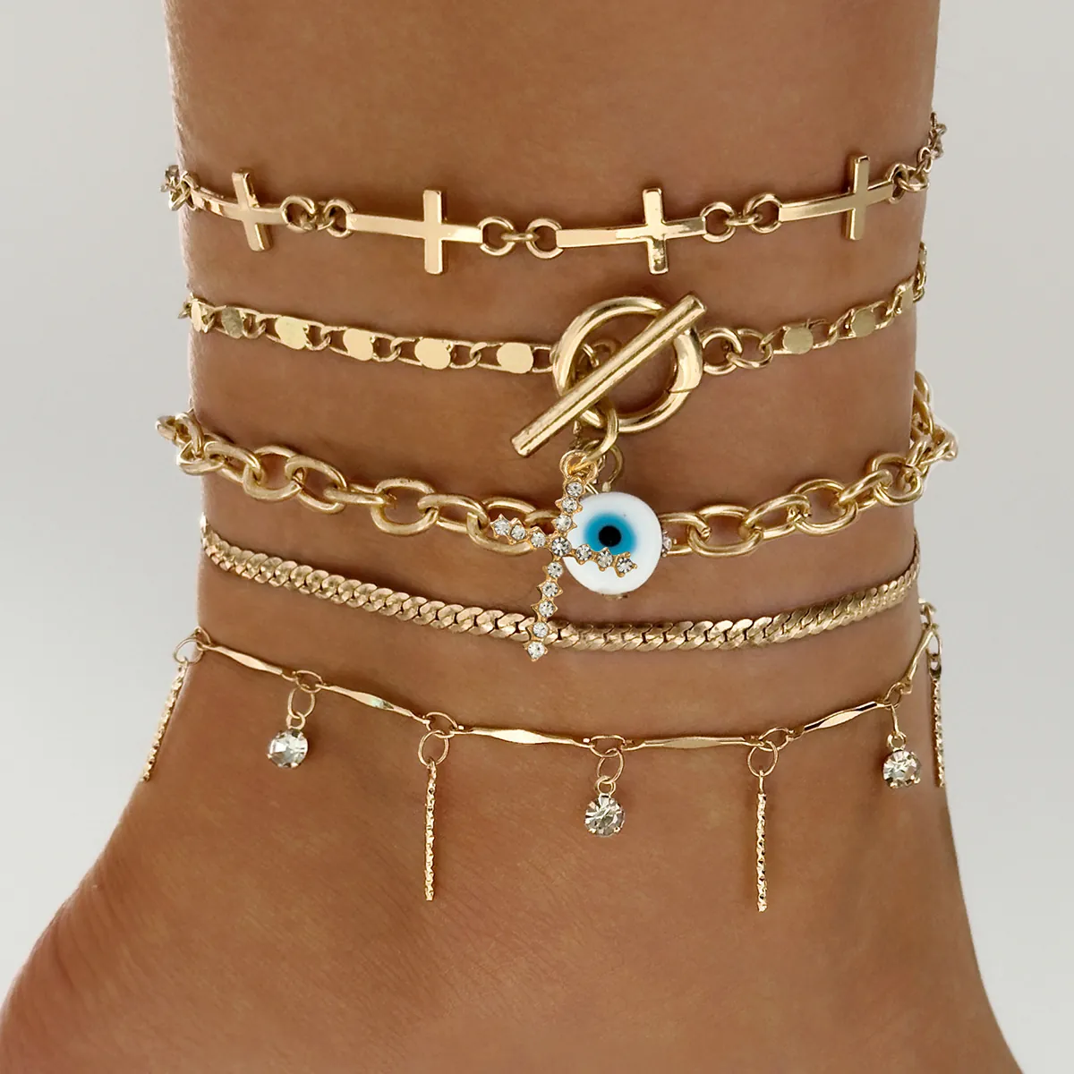 Butterfly Cross Evil Eye Anklet Set For Women Alloy Rhinestone Shell Multilayer Foot Chain Boho Beach Jewelry
