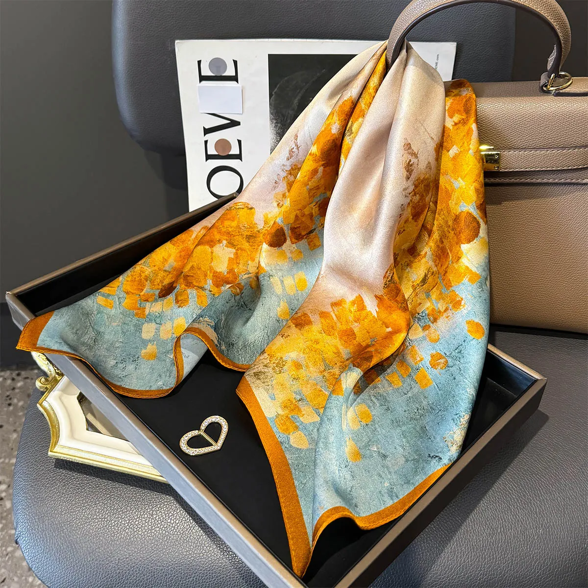 Mulberry Satin Scarf Women Abstract Print Square Neck Scarf Elegant Satin Headscarf With Heart Rhinestone Buckle