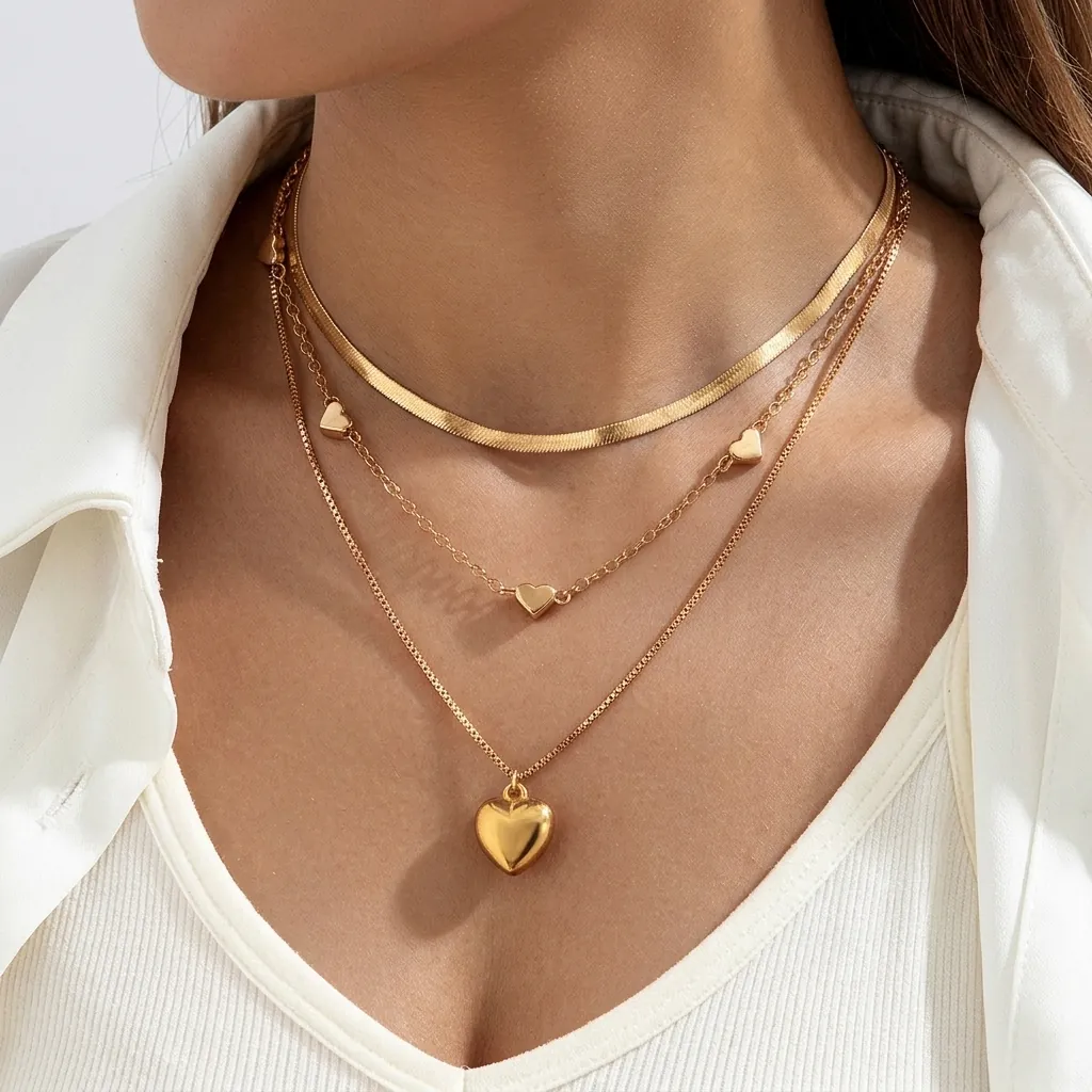 Layered Alloy Heart Pendant Necklace Trendy Snake Chain Adjustable Neck Jewelry For Women Elegant Chic Style