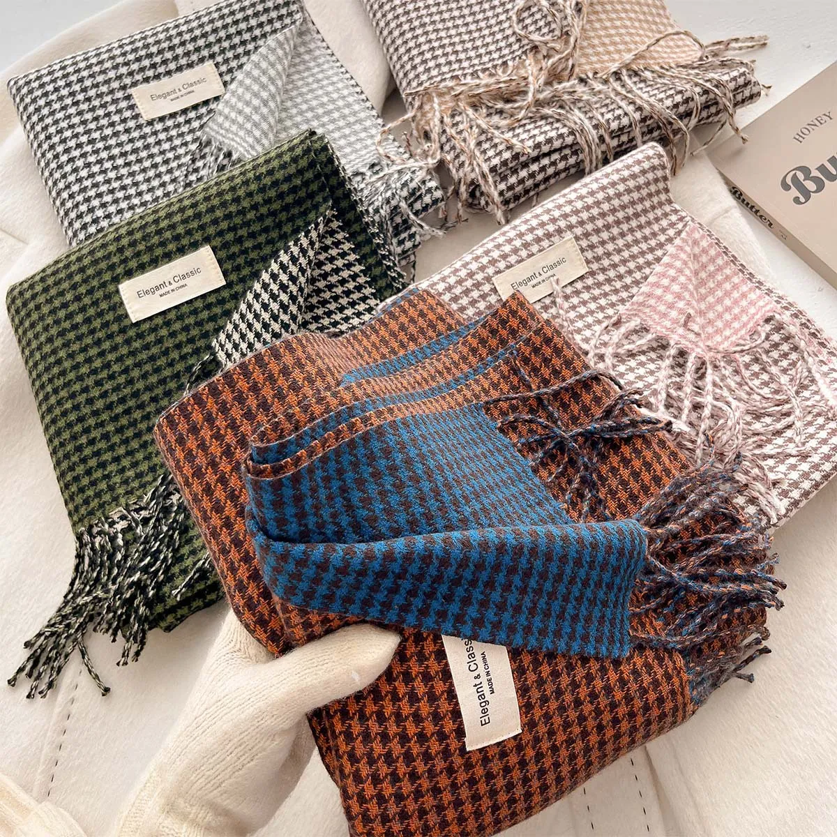 Sciarpa Scialle Pied De Poule Imitazione Cashmere Poliestere Caldo Frange Doppio Lato Stile Britannico Lungo Inverno