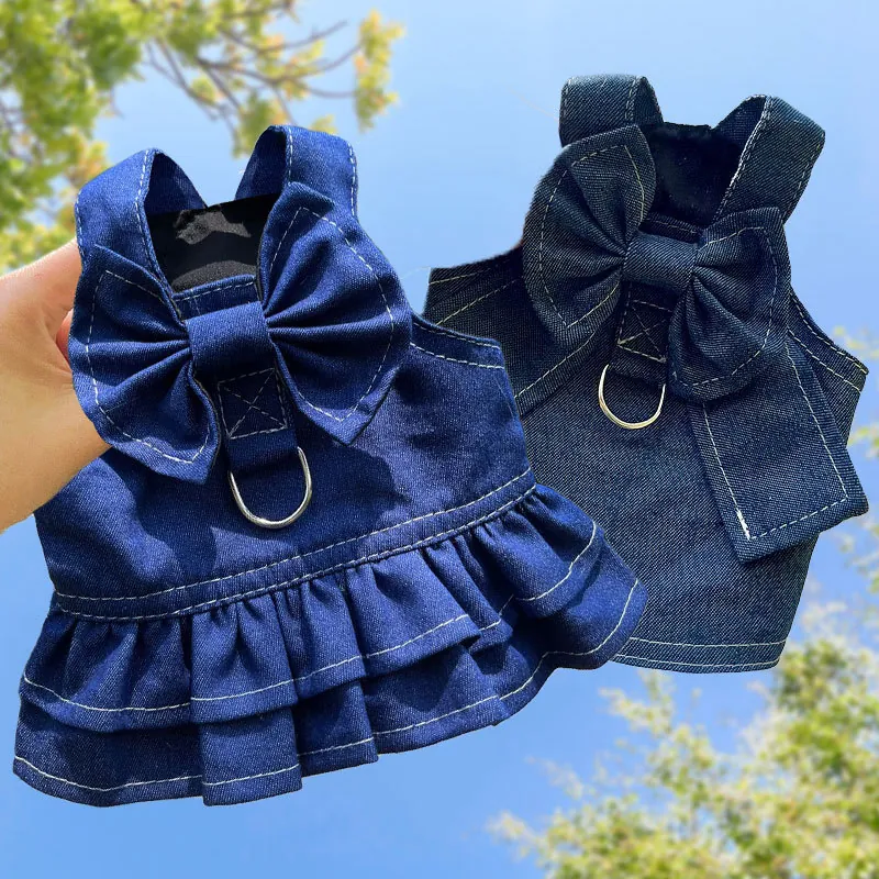 Pet Denim Dress Harness Vest With Large Bow Metal D-Ring Ruffle Hem For Small Medium Dogs Cats Cute Puppy Clothing