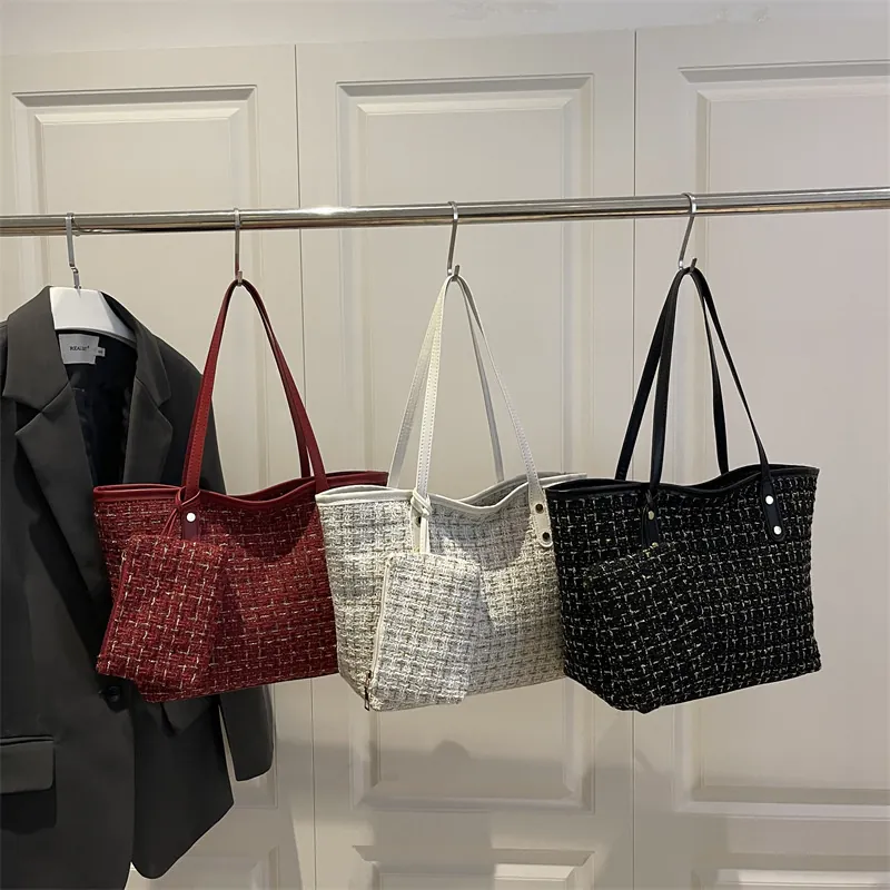 Sac Fourre-tout en Tweed à Carreaux pour Femmes Grande Capacité Sac à Bandoulière Avec Petite Pochette Élégant Sac à Main