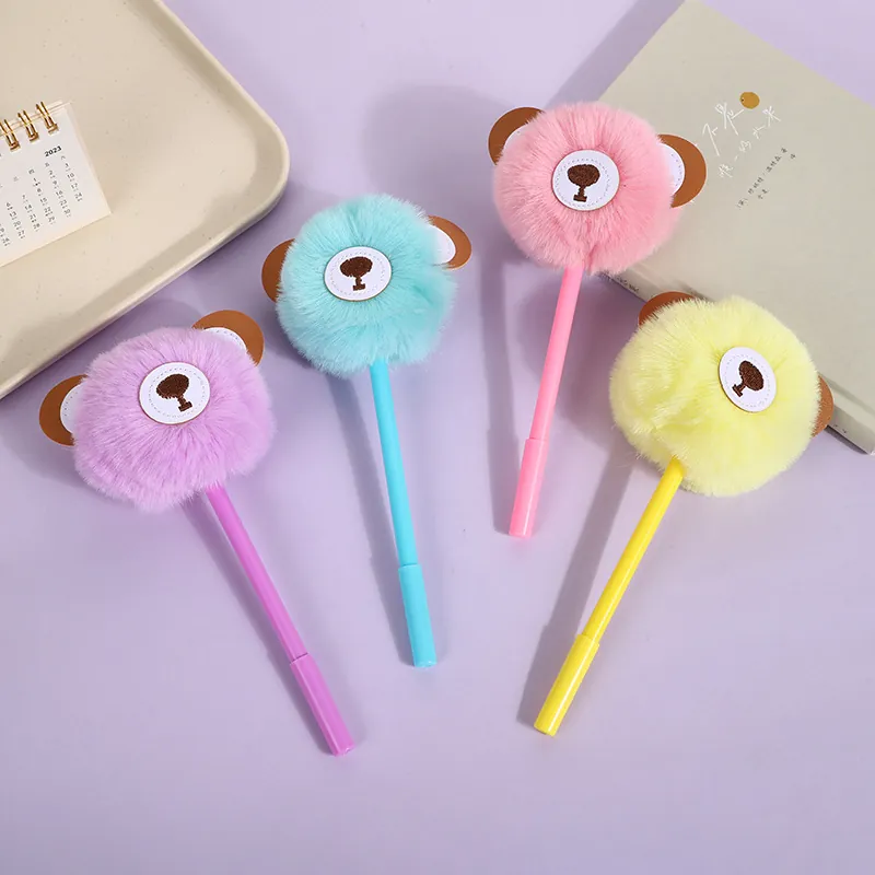 Cute Cartoon Bear Plush Pom Pom Gel Pen 0.5mm Black Ink Replaceable Refill Kawaii School Office Stationery Writing Pen