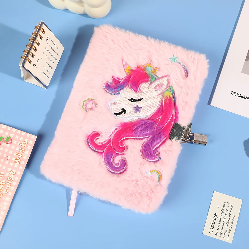 Cartoon Plush Unicorn Notebook With Lock And Key Cute Capybara Sequin Rabbit Locking Diary For Girls Kids Birthday Gift