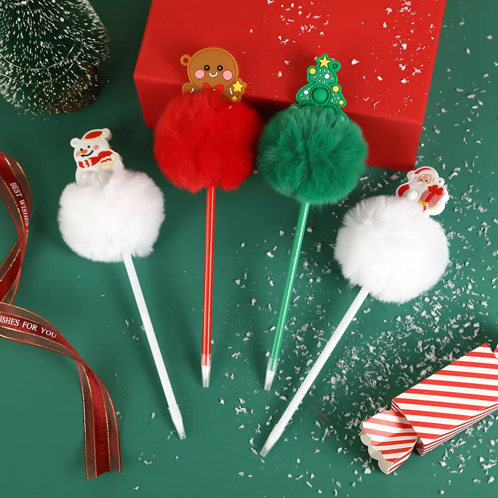 Weihnachts-Pom-Pom-Kugelschreiber Kaninchenfell-Kugel Silikon Cartoon Weihnachtsmann Schneemann Tannenbaum Lebkuchenmann Schreibstift Für Kinder Schüler Geschenk