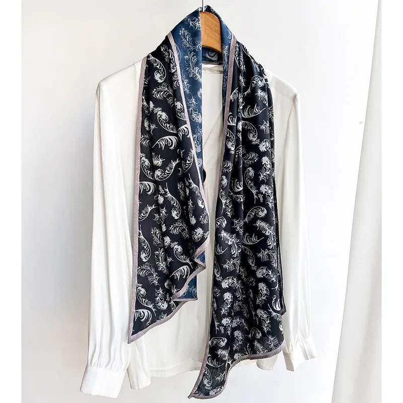 Elegant Feather Print Long Scarf For Women Lightweight Polyester Imitation Satin Shawl Retro Herringbone Neckerchief Accessory