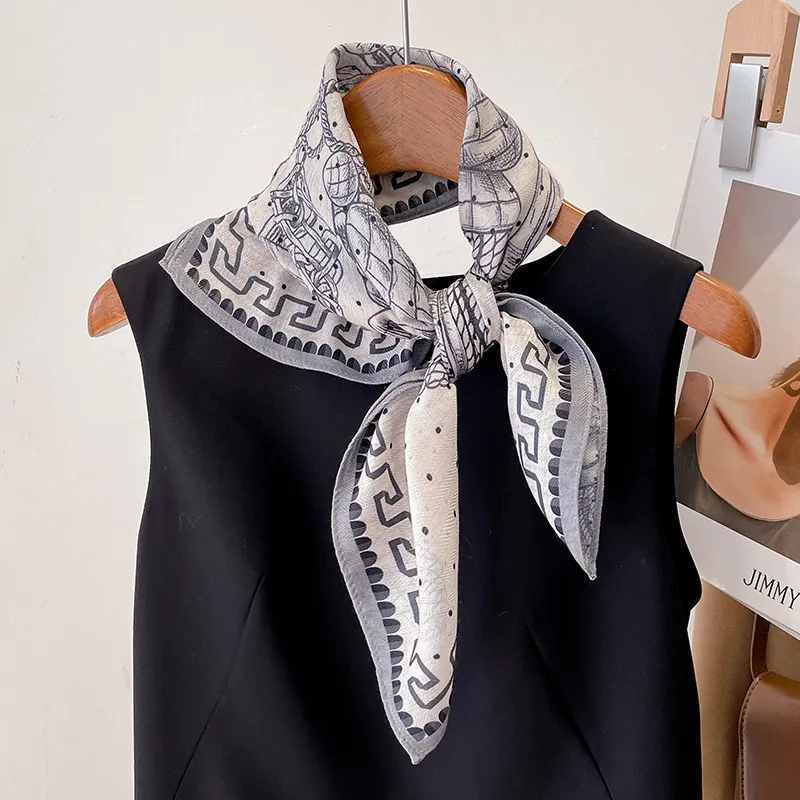 Elegant French Retro Square Scarf For Women Polyester Satin Geometric Greek Key Pattern Multi Functional Neck Head Wrap