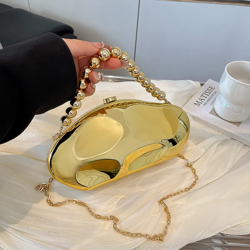 Borsa Da Sera Forma Di Ciottolo Irregolare Specchio Metallico Acrilico Con Manico Di Perline E Tracolla A Catena Per Donna