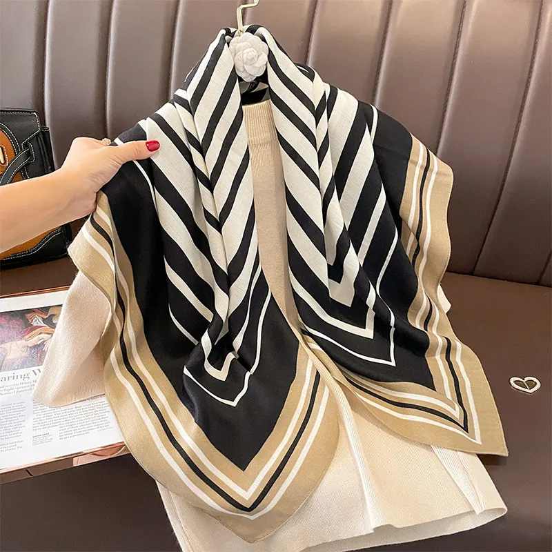 Elegant Large Square Scarf Polyester Satin Feel Geometric Striped Pattern Fashion Head Neck Shawl Accessory Women